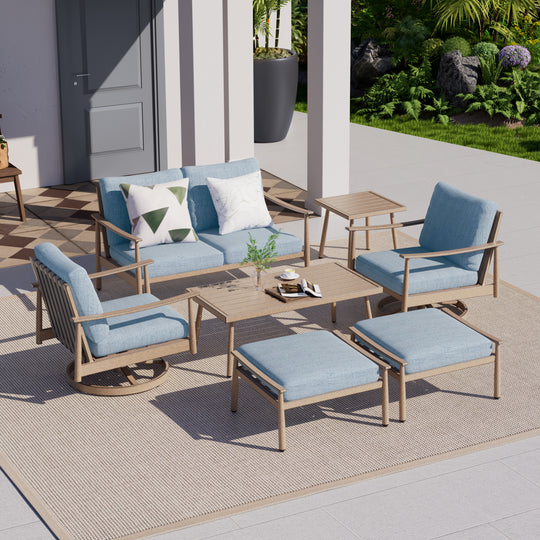 HAPPATIO Patio Outdoor Furniture Set - 7 Pieces Aluminum Outdoor Conversation Set Includes 1 Loveseat, 1 Side Table, 1 Coffee Table, 2 Swivel Chairs, and 2 Ottomans for Porch, Yard, Lawn