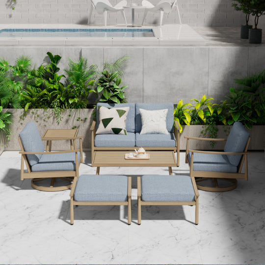 HAPPATIO Patio Outdoor Furniture Set - 7 Pieces Aluminum Outdoor Conversation Set Includes 1 Loveseat, 1 Side Table, 1 Coffee Table, 2 Swivel Chairs, and 2 Ottomans for Porch, Yard, Lawn