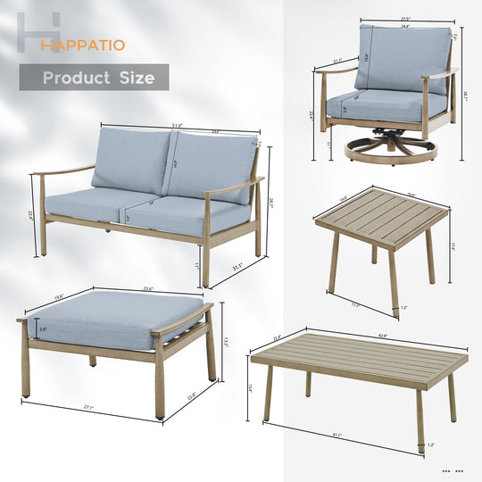 HAPPATIO Patio Outdoor Furniture Set - 7 Pieces Aluminum Outdoor Conversation Set Includes 1 Loveseat, 1 Side Table, 1 Coffee Table, 2 Swivel Chairs, and 2 Ottomans for Porch, Yard, Lawn