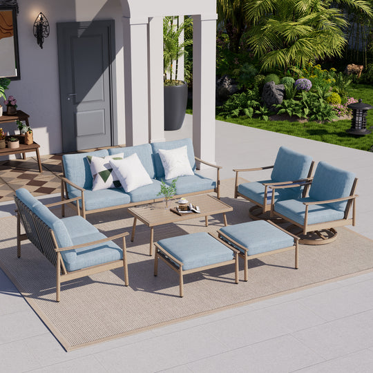 HAPPATIO Patio Outdoor Furniture Set - 7 Pieces Aluminum Outdoor Conversation Set Includes 1 Three-Seater Sofa, 1 Loveseat, 1 Coffee Table, 2 Swivel Chairs and 2 Ottomans for Porch, Lawn