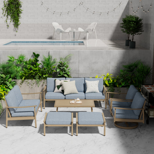 HAPPATIO Patio Outdoor Furniture Set - 7 Pieces Aluminum Outdoor Conversation Set Includes 1 Three-Seater Sofa, 1 Loveseat, 1 Coffee Table, 2 Swivel Chairs and 2 Ottomans for Porch, Lawn