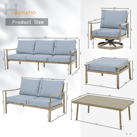 HAPPATIO Patio Outdoor Furniture Set - 7 Pieces Aluminum Outdoor Conversation Set Includes 1 Three-Seater Sofa, 1 Loveseat, 1 Coffee Table, 2 Swivel Chairs and 2 Ottomans for Porch, Lawn