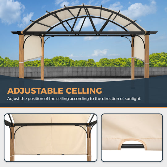 HAPPATIO 10' X 13' Outdoor Pergola with Sling Retractable Pergola Canopy,Wood-Like Aluminum Patio Pergola Shade for Patio, Backyard, Garden,Poolside