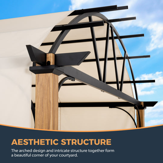 HAPPATIO 10' X 13' Outdoor Pergola with Sling Retractable Pergola Canopy,Wood-Like Aluminum Patio Pergola Shade for Patio, Backyard, Garden,Poolside