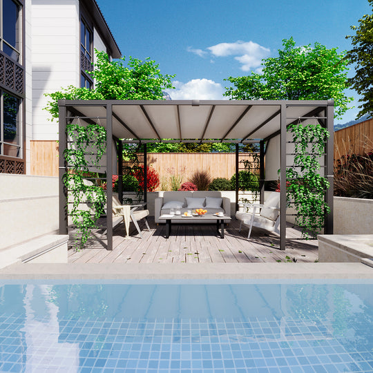 HAPPATIO 10' X 12' Outdoor Pergola, Retractable Pergola Canopy with Adjustable Shade,Aluminum Pergola Shade for Patio, Backyard, Garden