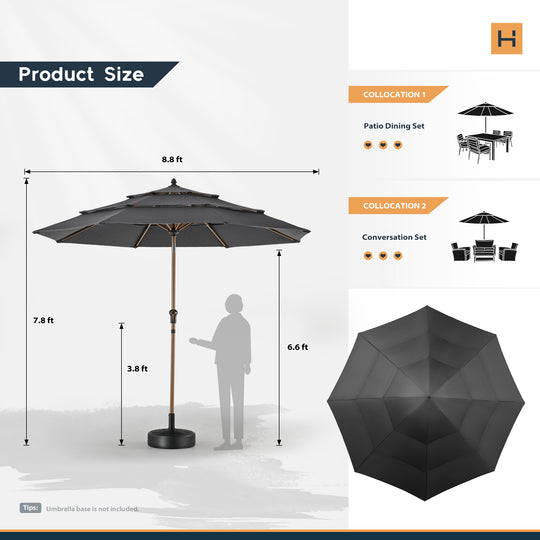 HAPPATIO 9FT Patio Umbrella Outdoor Umbrella 3 Tier Vented Wood Grain Outdoor Table Umbrella, Outdoor Patio Umbrella with 250GSM Yarn Dyed Acrylic Fabric (Grey)