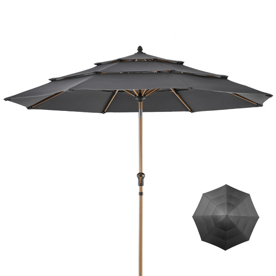 HAPPATIO 9FT Patio Umbrella Outdoor Umbrella 3 Tier Vented Wood Grain Outdoor Table Umbrella, Outdoor Patio Umbrella with 250GSM Yarn Dyed Acrylic Fabric (Grey)