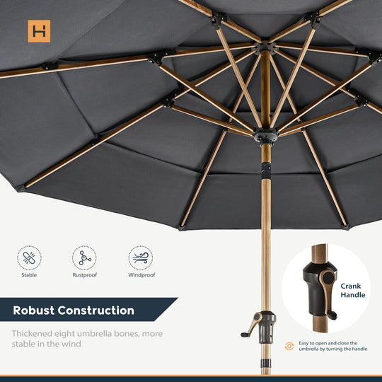 HAPPATIO 9FT Patio Umbrella Outdoor Umbrella 3 Tier Vented Wood Grain Outdoor Table Umbrella, Outdoor Patio Umbrella with 250GSM Yarn Dyed Acrylic Fabric (Grey)