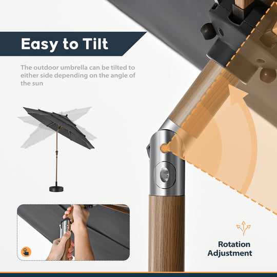 HAPPATIO 9FT Patio Umbrella Outdoor Umbrella 3 Tier Vented Wood Grain Outdoor Table Umbrella, Outdoor Patio Umbrella with 250GSM Yarn Dyed Acrylic Fabric (Grey)