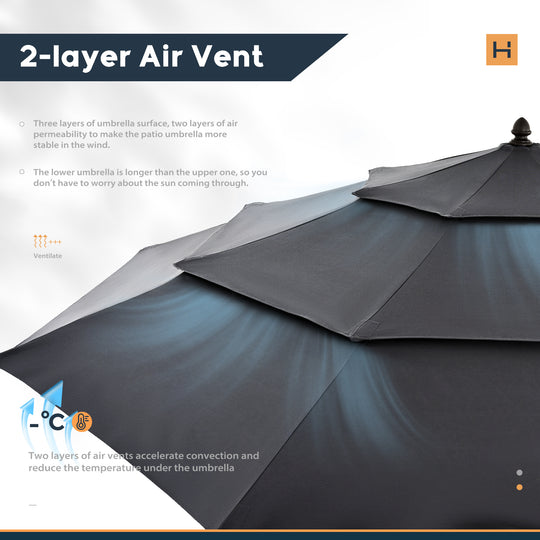 HAPPATIO 9FT Patio Umbrella Outdoor Umbrella 3 Tier Vented Wood Grain Outdoor Table Umbrella, Outdoor Patio Umbrella with 250GSM Yarn Dyed Acrylic Fabric (Grey)