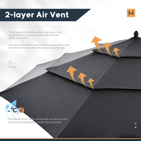 HAPPATIO 9FT Patio Umbrella Outdoor Umbrella 3 Tier Vented Wood Grain Outdoor Table Umbrella, Outdoor Patio Umbrella with 250GSM Yarn Dyed Acrylic Fabric (Grey)