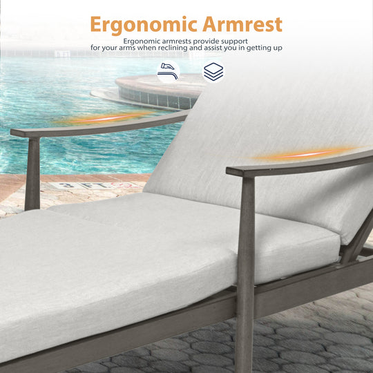 HAPPATIO Outdoor Chaise Lounge Chair - Aluminum Pool Lounge Chair with Adjustable Backrest and Cushion, Curved Armrest, Outdoor Lounge Chair for Beach, Yard, or Poolside