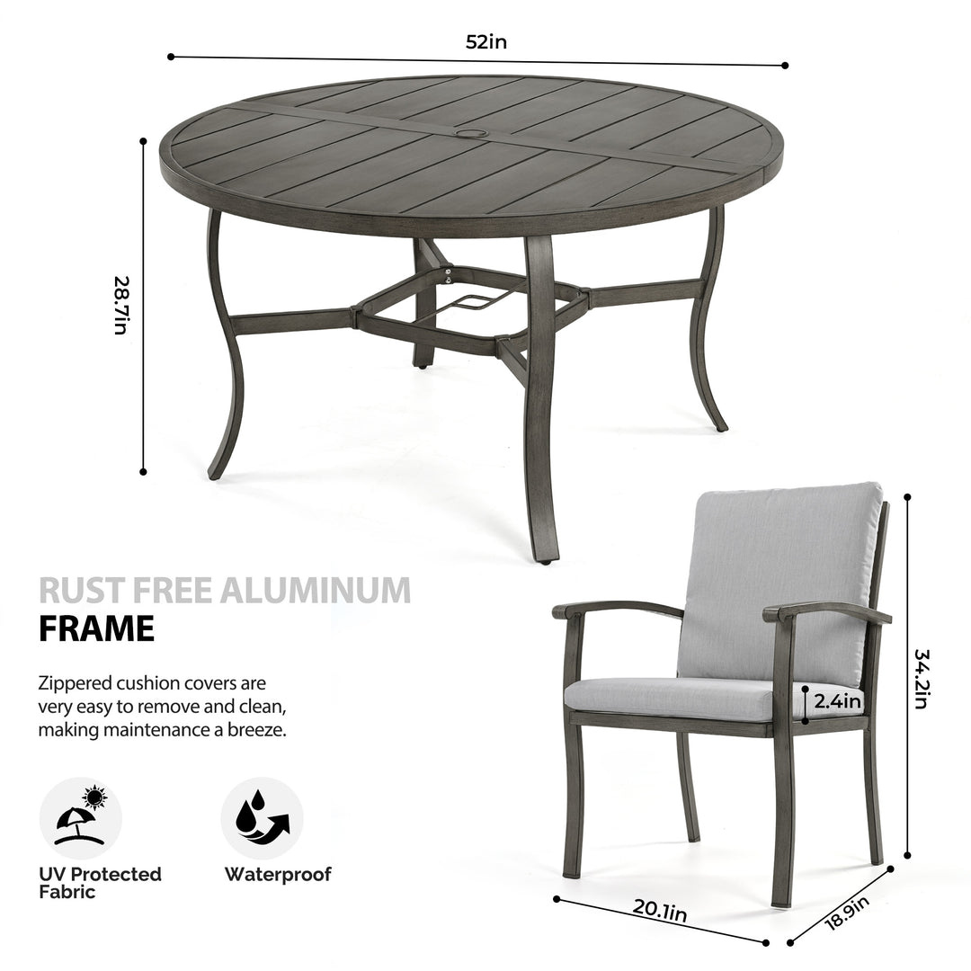 HAPPATIO Patio Dining Set, Aluminum Outdoor Dining Set, Dining Table with Umbrella Hole and 6 Chairs, Outdoor Table and Chairs with Removable Cushion for Lawn Yard Patio