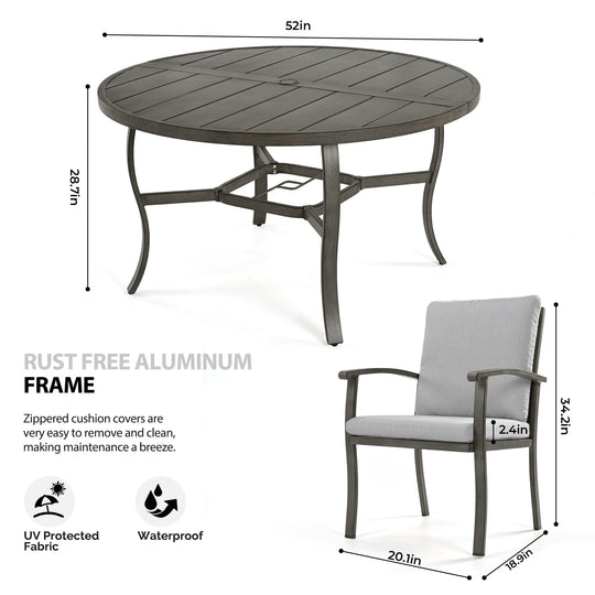 HAPPATIO Patio Dining Set, Aluminum Outdoor Dining Set, Dining Table with Umbrella Hole and 6 Chairs, Outdoor Table and Chairs with Removable Cushion for Lawn Yard Patio