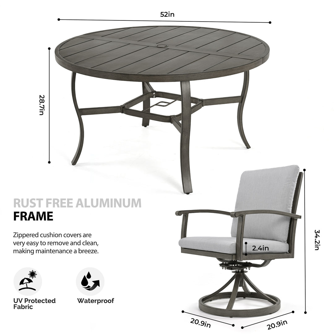 HAPPATIO Patio Dining Set, Aluminum Outdoor Dining Set, Dining Table with Umbrella Hole and 6 Chairs, Outdoor Table and Chairs with Removable Cushion for Lawn Yard Patio