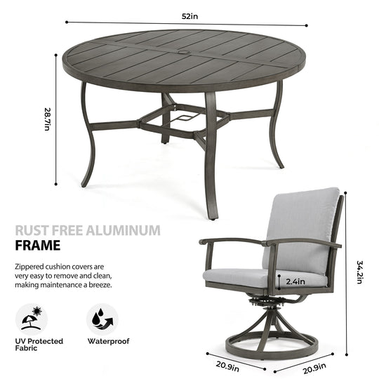 HAPPATIO Patio Dining Set, Aluminum Outdoor Dining Set, Dining Table with Umbrella Hole and 6 Chairs, Outdoor Table and Chairs with Removable Cushion for Lawn Yard Patio