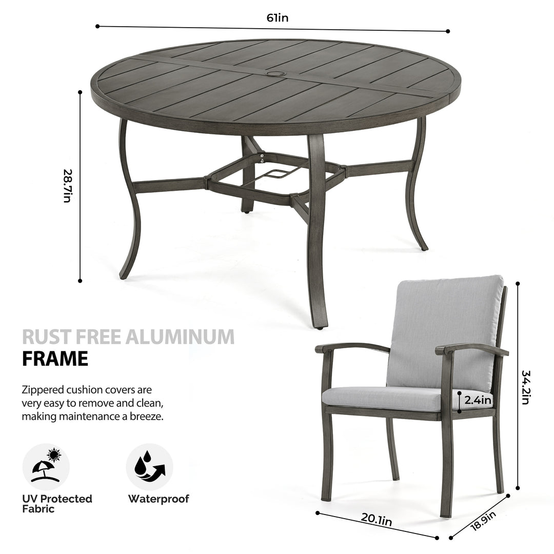 HAPPATIO Patio Dining Set, Aluminum Outdoor Dining Set, Dining Table with Umbrella Hole and 6 Chairs, Outdoor Table and Chairs with Removable Cushion for Lawn Yard Patio