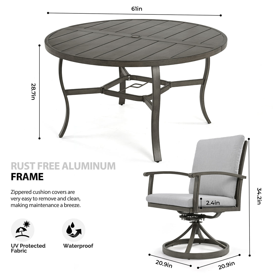 HAPPATIO Patio Dining Set, Aluminum Outdoor Dining Set, Dining Table with Umbrella Hole and 6 Chairs, Outdoor Table and Chairs with Removable Cushion for Lawn Yard Patio