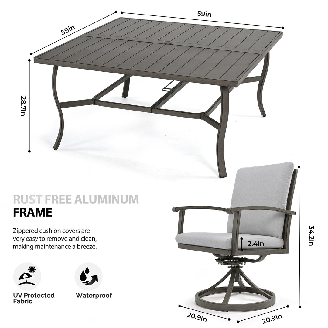 HAPPATIO Patio Dining Set, Aluminum Outdoor Dining Set, Dining Table with Umbrella Hole and 6 Chairs, Outdoor Table and Chairs with Removable Cushion for Lawn Yard Patio