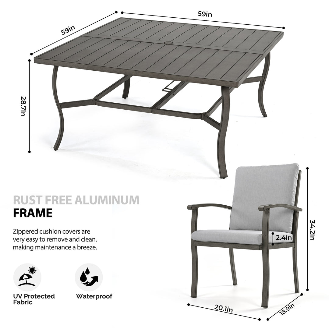 HAPPATIO Patio Dining Set, Aluminum Outdoor Dining Set, Dining Table with Umbrella Hole and 6 Chairs, Outdoor Table and Chairs with Removable Cushion for Lawn Yard Patio