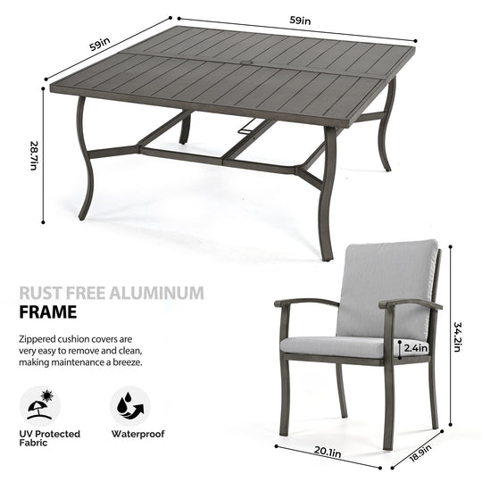 HAPPATIO Patio Dining Set, Aluminum Outdoor Dining Set, Dining Table with Umbrella Hole and 6 Chairs, Outdoor Table and Chairs with Removable Cushion for Lawn Yard Patio