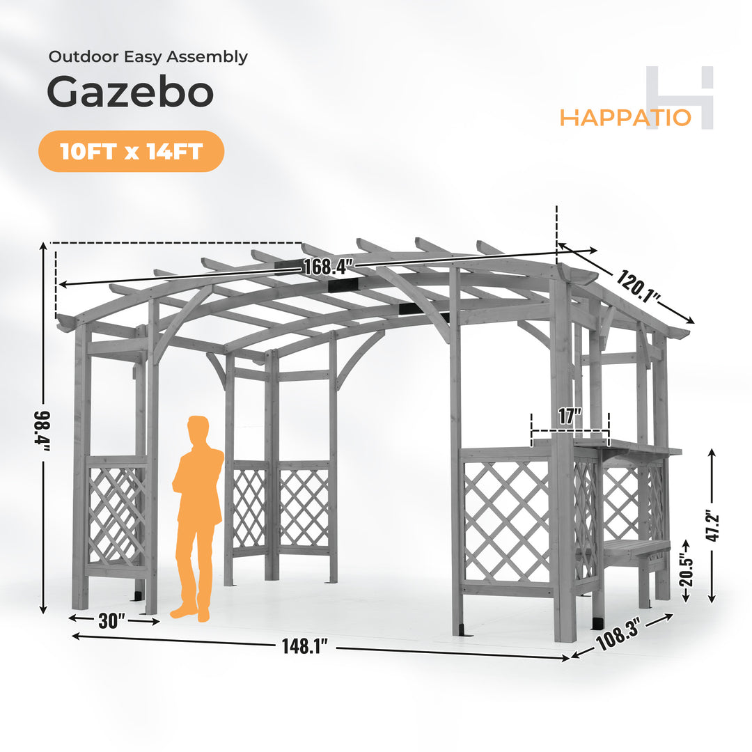 HAPPATIO 10' x 14' Pergola Outdoor, Wooden Pergola Grape Trellis with Bar Counter, Solid Wood Stable Structure with Arched Top Gazebo for Climbing Plant Support, Garden, Patio, Backyard