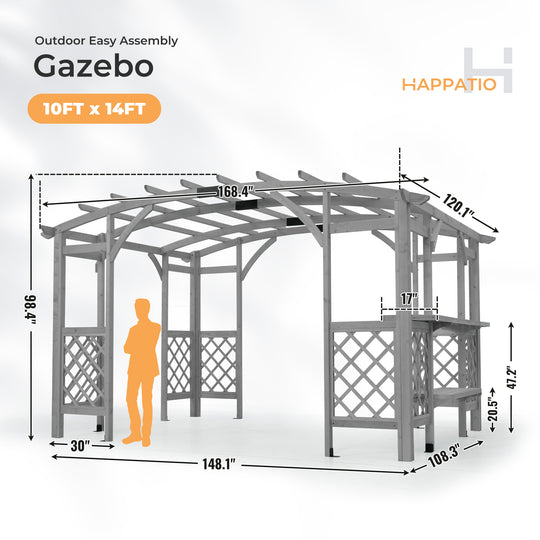 HAPPATIO 10' x 14' Pergola Outdoor, Wooden Pergola Grape Trellis with Bar Counter, Solid Wood Stable Structure with Arched Top Gazebo for Climbing Plant Support, Garden, Patio, Backyard