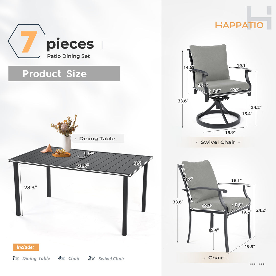 HAPPATIO Patio Dining Set, Outdoor Dining Set with Powder-Coated Metal, Table with Umbrella Hole, Stackable Chairs with Removable Cushions for Porch Poolside Garden