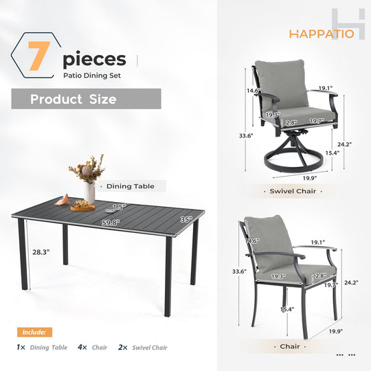 HAPPATIO Patio Dining Set, Outdoor Dining Set with Powder-Coated Metal, Table with Umbrella Hole, Stackable Chairs with Removable Cushions for Porch Poolside Garden