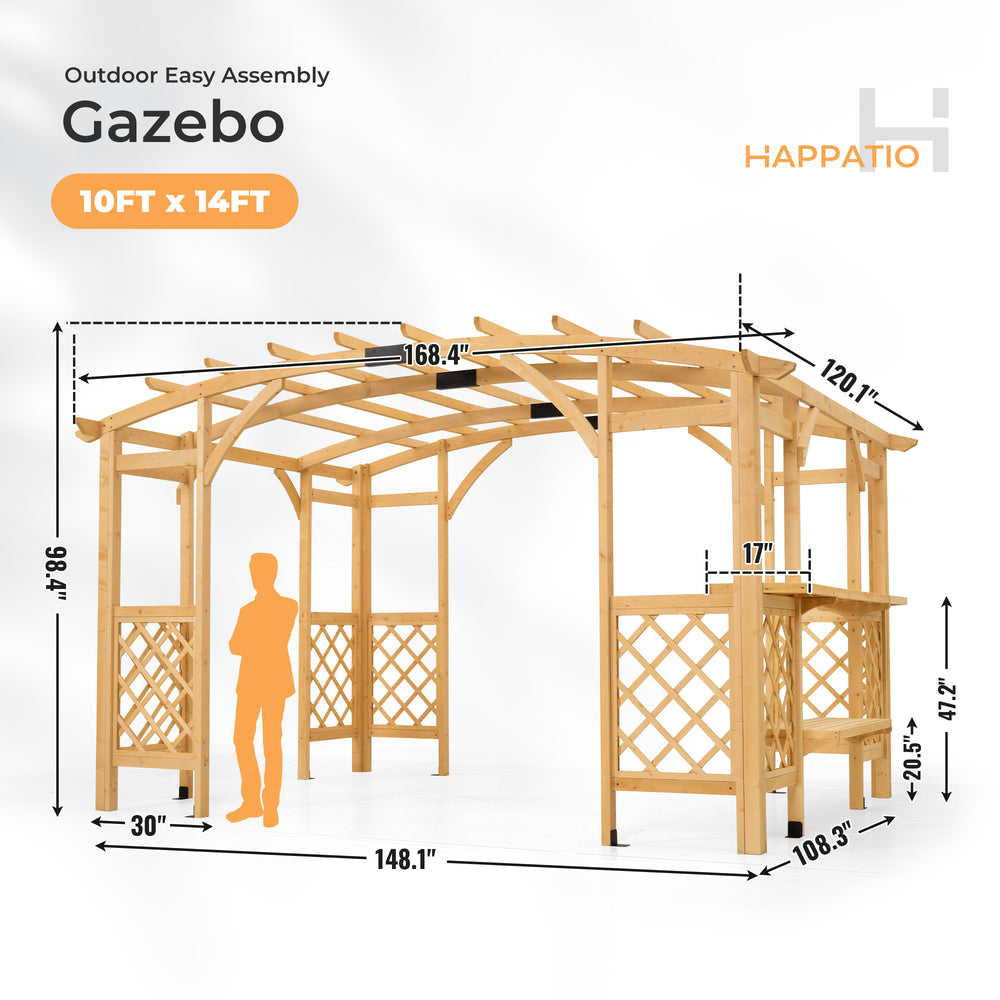 HAPPATIO 10' x 14' Pergola Outdoor, Wooden Pergola Grape Trellis with Bar Counter, Solid Wood Stable Structure with Arched Top Gazebo for Climbing Plant Support, Garden, Patio, Backyard