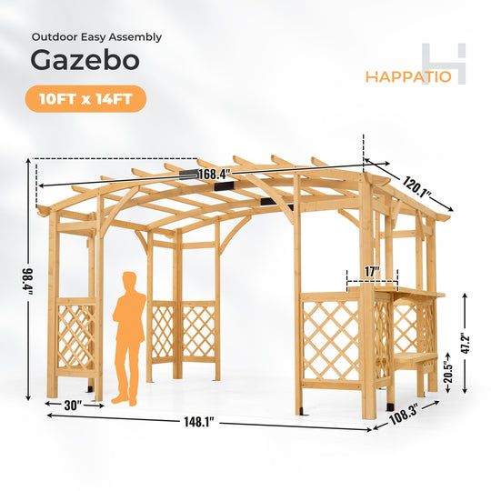 HAPPATIO 10' x 14' Pergola Outdoor, Wooden Pergola Grape Trellis with Bar Counter, Solid Wood Stable Structure with Arched Top Gazebo for Climbing Plant Support, Garden, Patio, Backyard