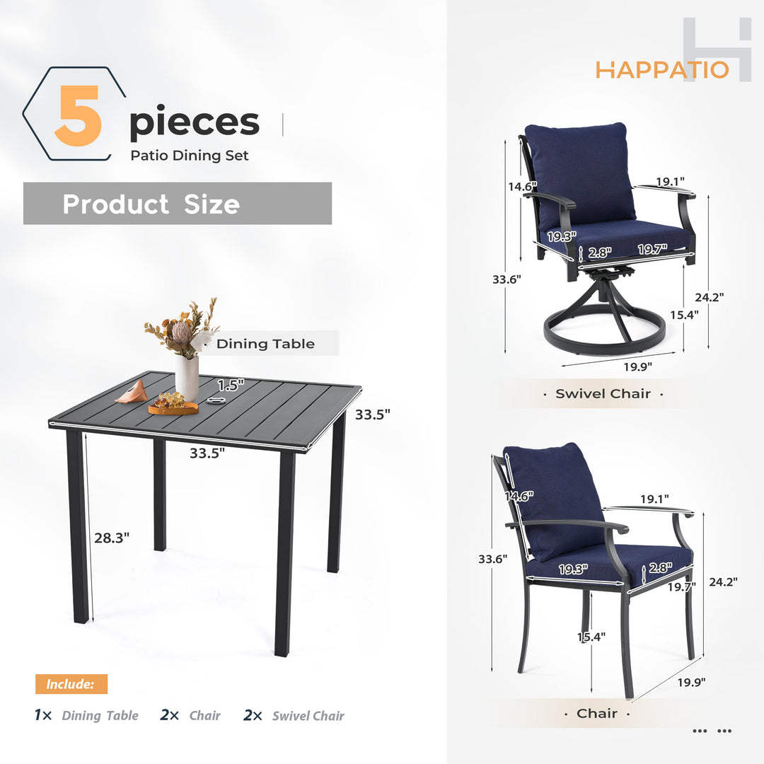 HAPPATIO Patio Dining Set, Outdoor Dining Set with Powder-Coated Metal, Table with Umbrella Hole, Stackable Chairs with Removable Cushions for Porch Poolside Garden