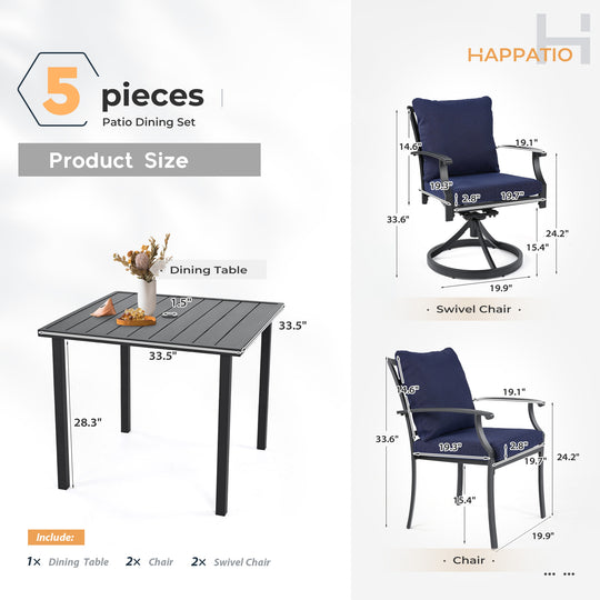 HAPPATIO Patio Dining Set, Outdoor Dining Set with Powder-Coated Metal, Table with Umbrella Hole, Stackable Chairs with Removable Cushions for Porch Poolside Garden