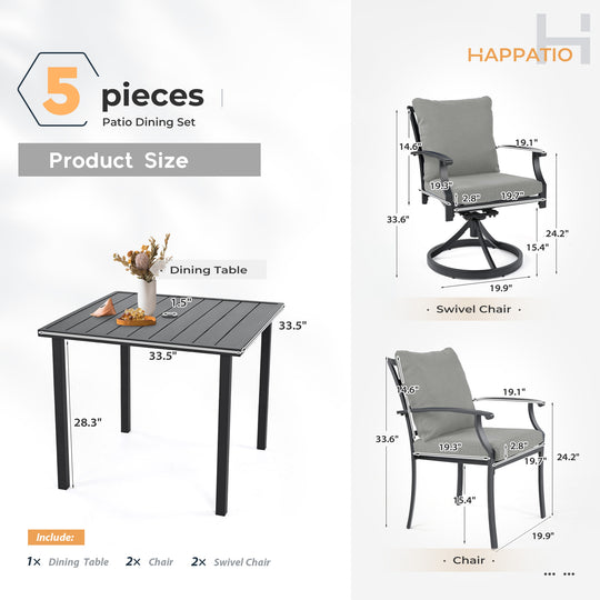 HAPPATIO Patio Dining Set, Outdoor Dining Set with Powder-Coated Metal, Table with Umbrella Hole, Stackable Chairs with Removable Cushions for Porch Poolside Garden