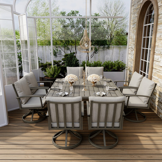 HAPPATIO Patio Dining Set, Aluminum Outdoor Dining Set, Dining Table with Umbrella Hole and 6 Chairs, Outdoor Table and Chairs with Removable Cushion for Lawn Yard Patio