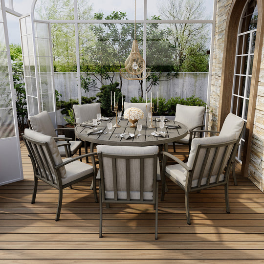 HAPPATIO Patio Dining Set, Aluminum Outdoor Dining Set, Dining Table with Umbrella Hole and 6 Chairs, Outdoor Table and Chairs with Removable Cushion for Lawn Yard Patio