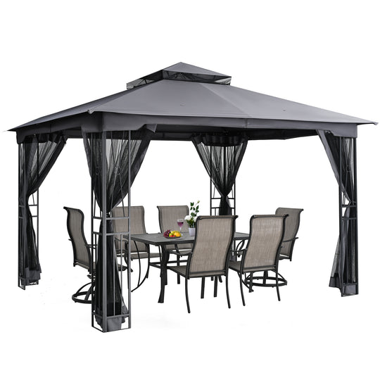 HAPPATIO 10' X 12' Patio Gazebo with Ventilation Double Roof，Outdoor Soft Top Gazebo with Mosquito Netting for Lawn, Garden