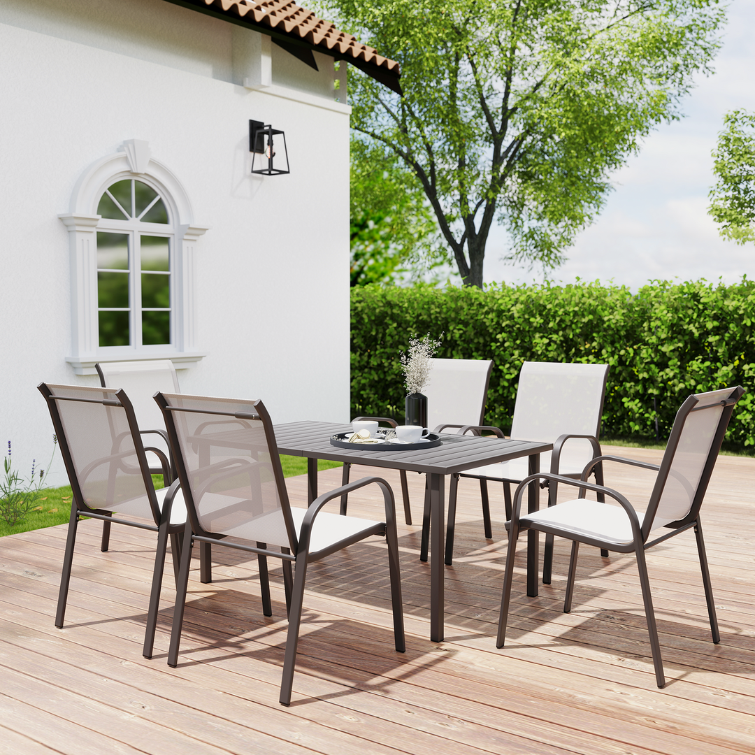 HAPPATIO Outdoor Patio Dining Set, Quick Dry Textilene Dining Chairs and Dining Table with Umbrella Hole, Stackable Textilene Chairs for Garden, Patio and Poolside Backyard