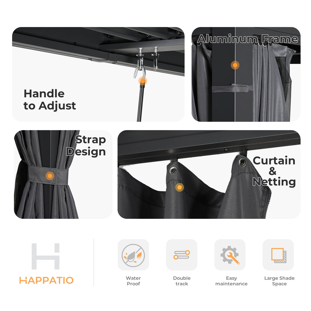 HAPPATIO Outdoor Louvered Pergola, Metal Pergola with Adjustable Rainproof Roof, Patio Pergola with Curtains and Mosquito Nets