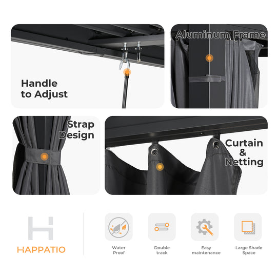 HAPPATIO Outdoor Louvered Pergola, Metal Pergola with Adjustable Rainproof Roof, Patio Pergola with Curtains and Mosquito Nets