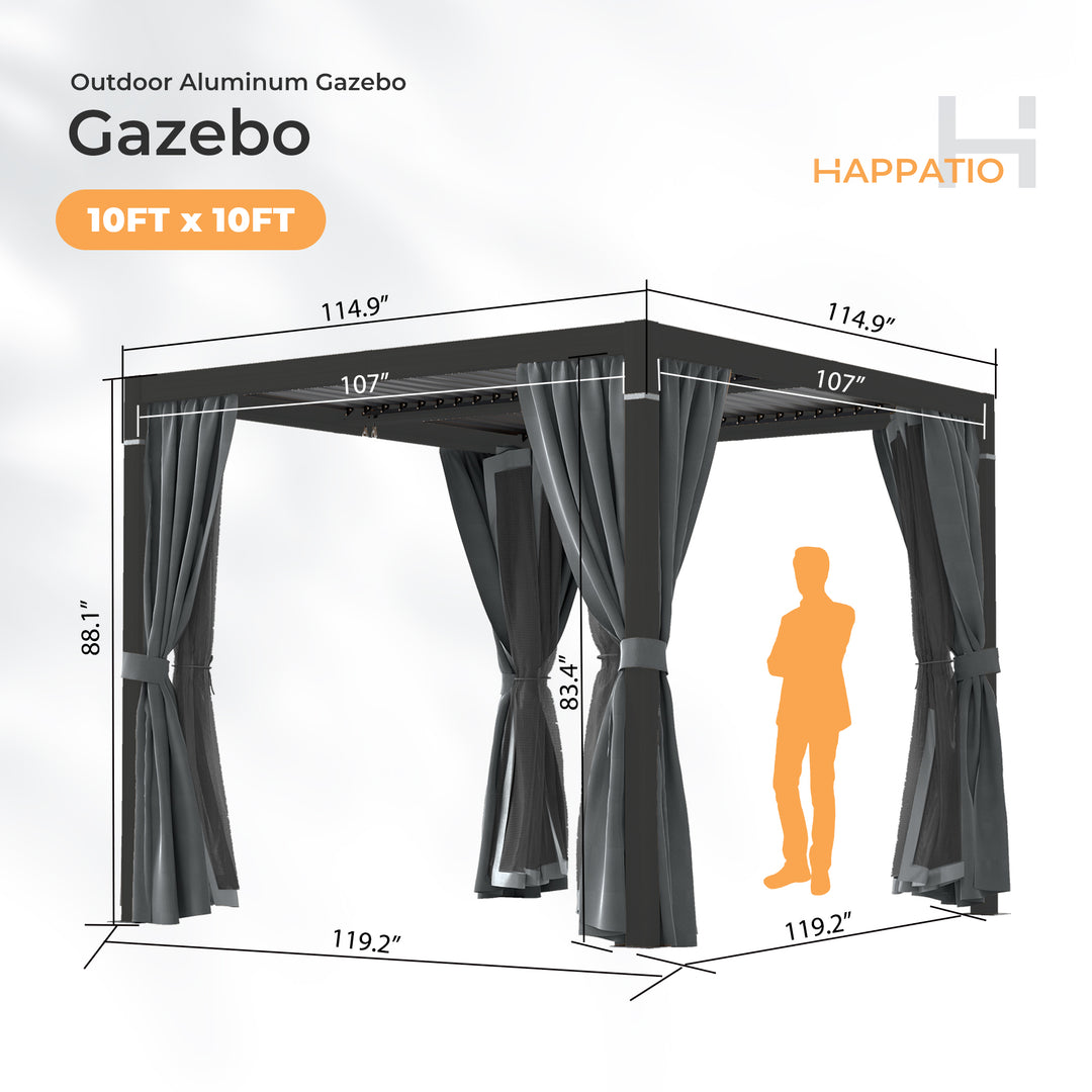 HAPPATIO Outdoor Louvered Pergola, Metal Pergola with Adjustable Rainproof Roof, Patio Pergola with Curtains and Mosquito Nets