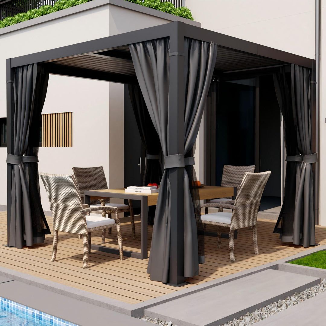 HAPPATIO Outdoor Louvered Pergola, Metal Pergola with Adjustable Rainproof Roof, Patio Pergola with Curtains and Mosquito Nets