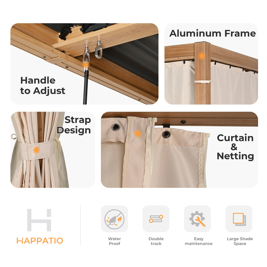 HAPPATIO Outdoor Louvered Pergola, Metal Pergola with Adjustable Rainproof Roof, Patio Pergola with Curtains and Mosquito Nets