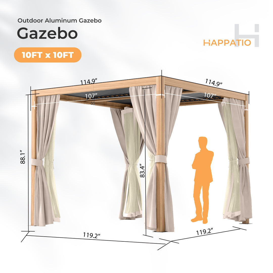 HAPPATIO Outdoor Louvered Pergola, Metal Pergola with Adjustable Rainproof Roof, Patio Pergola with Curtains and Mosquito Nets