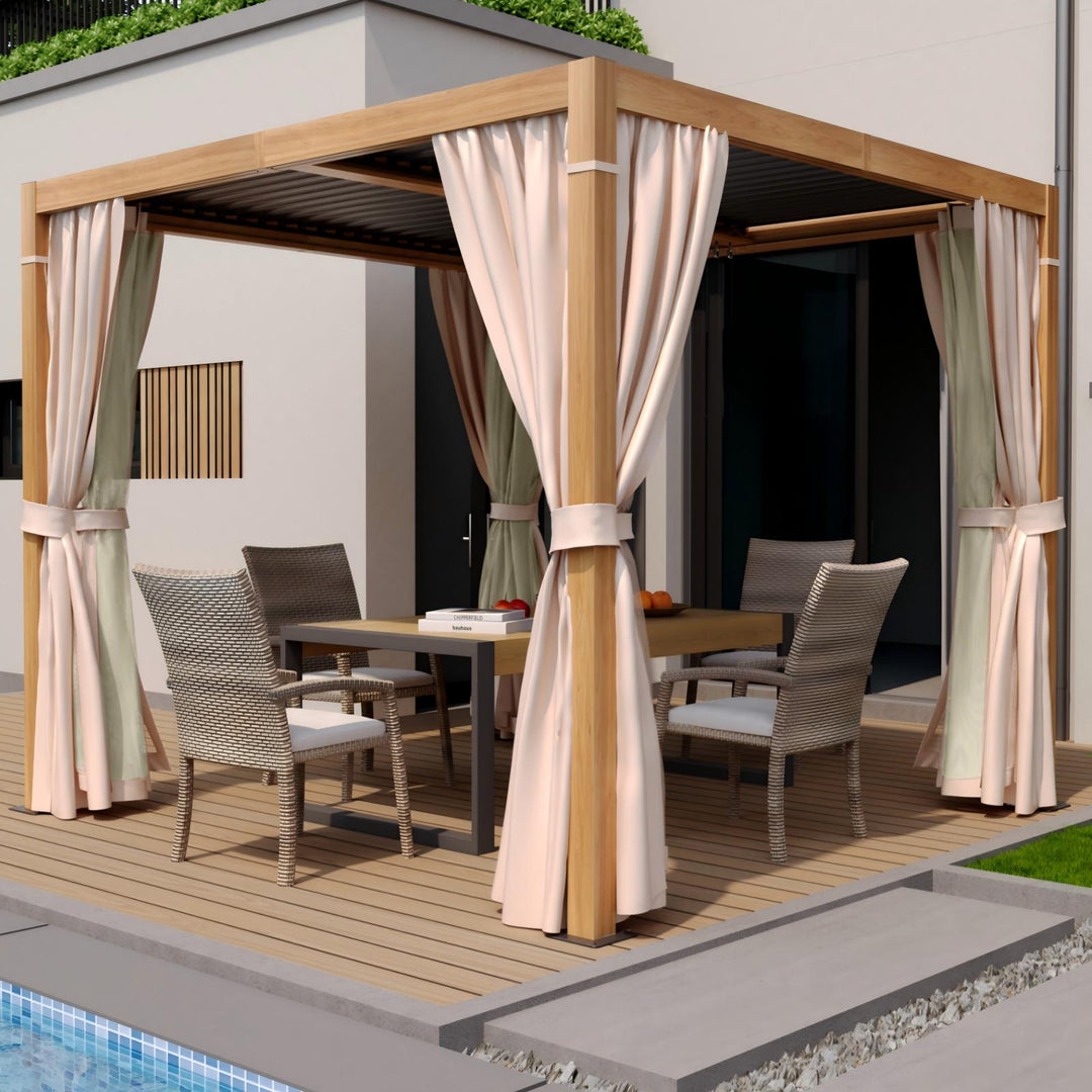 HAPPATIO Outdoor Louvered Pergola, Metal Pergola with Adjustable Rainproof Roof, Patio Pergola with Curtains and Mosquito Nets