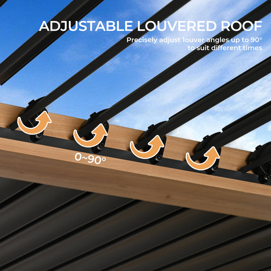 HAPPATIO Outdoor Louvered Pergola, Metal Pergola with Adjustable Rainproof Roof, Patio Pergola with Curtains and Mosquito Nets