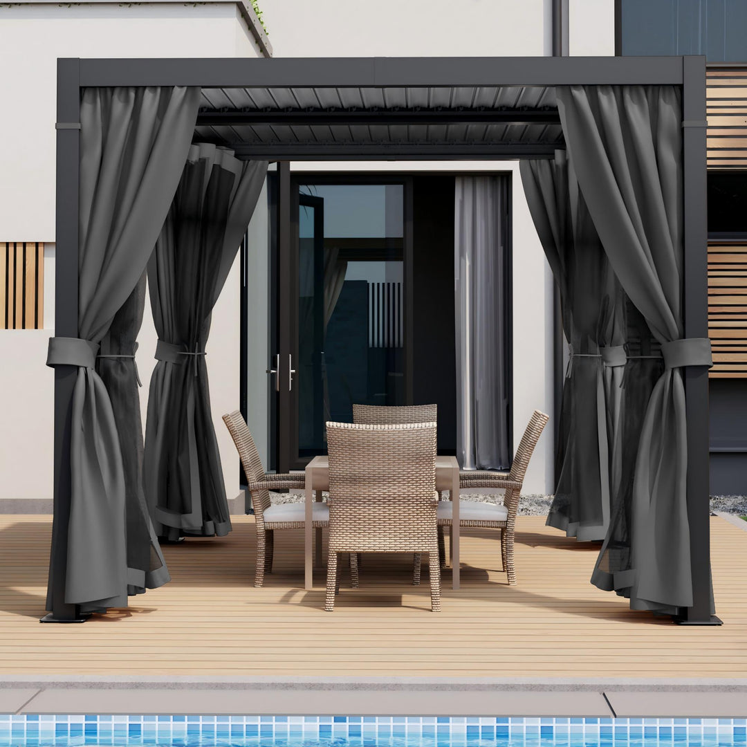 HAPPATIO Outdoor Louvered Pergola, Metal Pergola with Adjustable Rainproof Roof, Patio Pergola with Curtains and Mosquito Nets