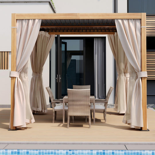 HAPPATIO Outdoor Louvered Pergola, Metal Pergola with Adjustable Rainproof Roof, Patio Pergola with Curtains and Mosquito Nets