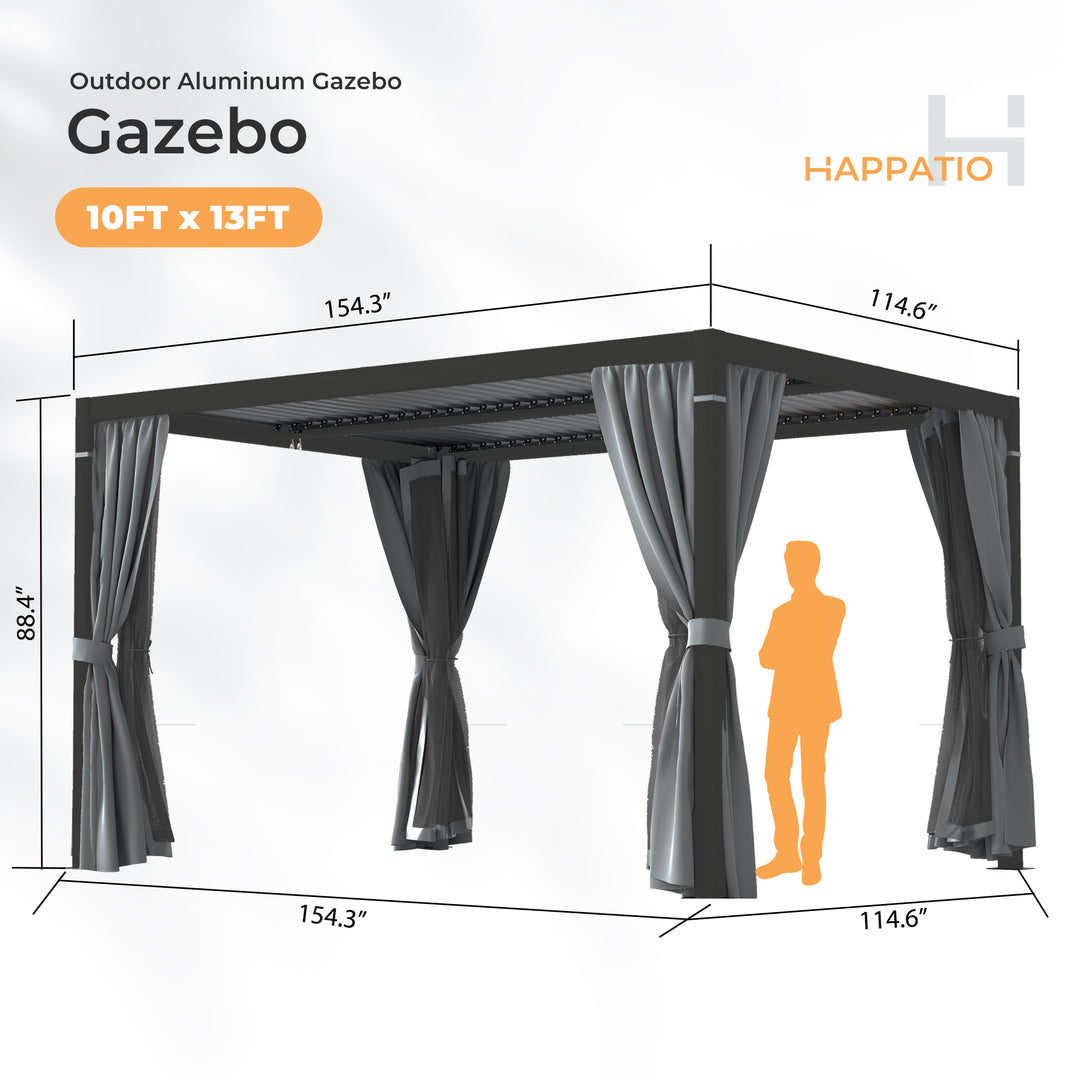 HAPPATIO Outdoor Louvered Pergola, Metal Pergola with Adjustable Rainproof Roof, Patio Pergola with Curtains and Mosquito Nets