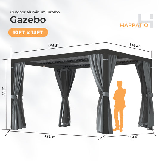 HAPPATIO Outdoor Louvered Pergola, Metal Pergola with Adjustable Rainproof Roof, Patio Pergola with Curtains and Mosquito Nets